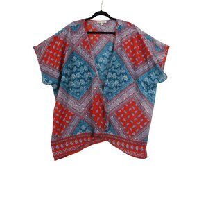 BOHO Cover Womens Kimono Sheer M Red & Blue Paisley Open Front Lightweight